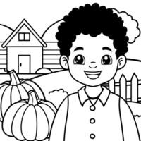 Mixed race boy child at pumpkin patch farm vector