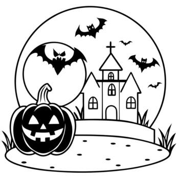 Halloween background with pumpkin and bats at a spooky graveyard in the late scary nights. terrifying lights at the building and big moon and fog in background. wallpaper background. vector