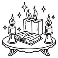 Magic old book of witchcraft with candles on the table. Dark fantasy illustration. vector