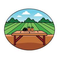 Farm Fresh Delights. An empty wood table with ample space set against a picturesque vegetables field background. Copy Space. Nature's bounty AI vector