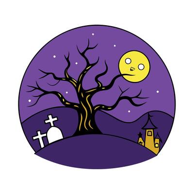Halloween purple background with spooky leafless tree full moon in the night sky