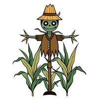Detailed illustration of a scary creepy scarecrow in a corn field isolated on a white background. vector