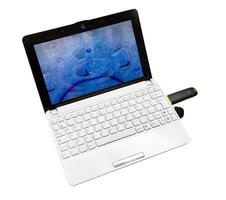 A laptop computer with a mouse and keyboard photo