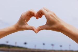 Hands forming heart shape against blue sky and palm trees in distance. photo