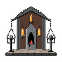 Indoor of a terrifying Transylvanian vampire dungeon's torture chamber as candlesticks illuminate the chained tools of torture. 3D illustration and Halloween theme and horror background. vector
