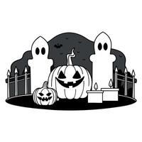 Halloween background with scary pumpkins candles in the graveyard black and white vector