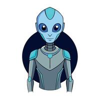 Futuristic cyborg alien with glowing blue eyes in spooky background by AI vector