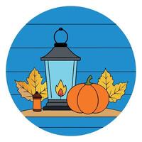 Lantern with candle and pumpkins autumn composition over blue wooden background. Rustic style. Copy space for holiday card. vector