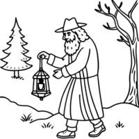 Old man using a lantern to guide spirits of the forest back home during a misty night vector