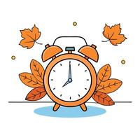 Daylight Saving Time. Alarm clock and orange color leaves on wooden table. Autumn time. Fall time change. Autumn leaves fall and winter approaches. the concept of daylight saving time. vector