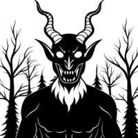 A horror demonic monster. With glowing eyes and horns. Silhouetted in a dark. foggy winter forest. vector
