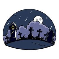 Digital Illustration Of An Old Creepy Graveyard On Stormy Winter Day At Dark Misty Night Background Concept. vector