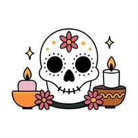 Day of the Dead Sugar Skull and Ofrenda Amidst Flowers and Lights vector