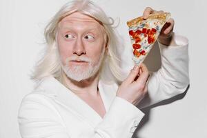 humorous image of a surprised man in a white suit holding a slice of pizza The contrasting white photo