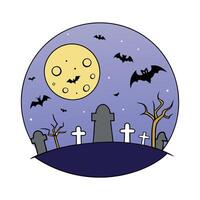 Halloween spooky night graveyard scene with bats and moon background vector