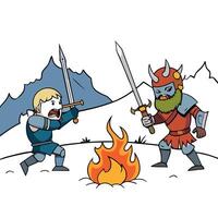 Fantasy medieval battle of warriors of good and evil. The battlefield is in full swing. a desperate battle between ice and fire. . vector