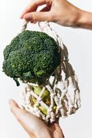 Green broccoli in net bag held by person on white background. photo