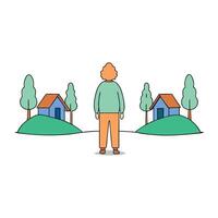 Stalker concept. Lonely man standing in the forest in the middle of nowhere. Rear view. Deserted houses. vector