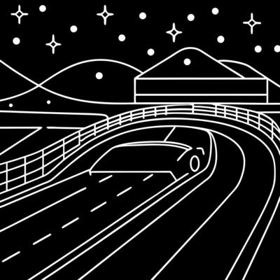 Empty race track at night with neon lights and car