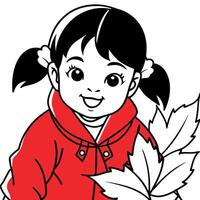 Close up of little asian girl child playing in autumn fall leaves red jacket vector