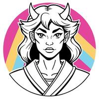 Portraits of a samurai devil girl. Retro anime style illustration on a colorful background. beautiful and strong characters. vector