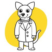 Little dog as a vet wearing robe and stethoscope - isolated over a yellow background. copy space for text or logo vector