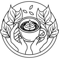 Hands holding coffee with latte art on seasonal autum leaves background vector