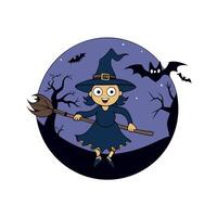 Halloween witch flying on broomstick in dark forest with full moon vector