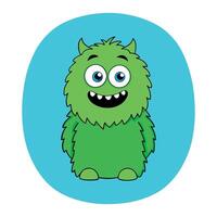 Funny fluffy green monster isolated on teal blue background. Happy and furry little monster. Cute yeti. Halloween character vector