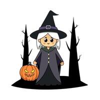Halloween Witch with a carved pumpkin and magic lights in a dark forest. vector