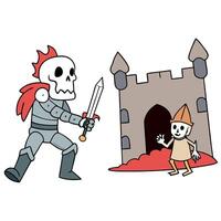 Image of a brave knight fighting an evil skeletal monster in the dungeon of a fairy-tale castle vector