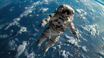 astronaut in outer space on the background of planet earth. Astronaut in a spacesuit in space photo