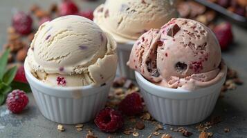 ice cream balls in a cup. Lots of ice cream in cups are on the table photo