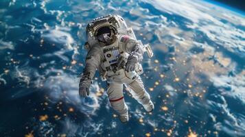 astronaut in outer space on the background of planet earth. Astronaut in a spacesuit in space photo