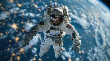 astronaut in outer space on the background of planet earth. Astronaut in a spacesuit in space photo