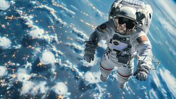astronaut in outer space on the background of planet earth. Astronaut in a spacesuit in space photo