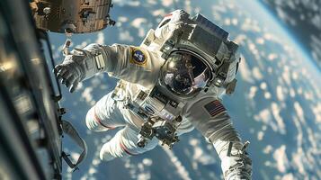 astronaut in outer space on the background of planet earth. Astronaut in a spacesuit in space photo