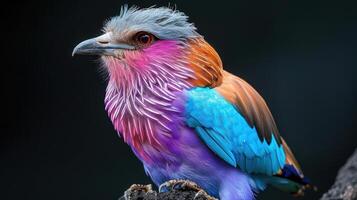 Bird Lilac roller on black background. Lilac Breasted Roller Perched on a Branch photo