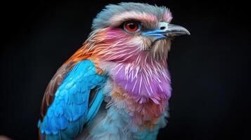 Bird Lilac roller on black background. Lilac Breasted Roller Perched on a Branch photo