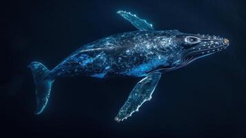 Blue whale in the underwater expanse of the ocean. A huge whale underwater photo