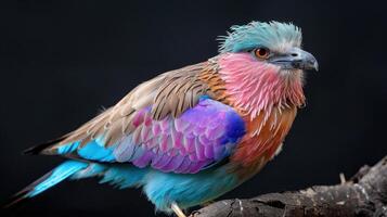 Bird Lilac roller on black background. Lilac Breasted Roller Perched on a Branch photo