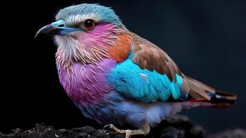 Bird Lilac roller on black background. Lilac Breasted Roller Perched on a Branch photo