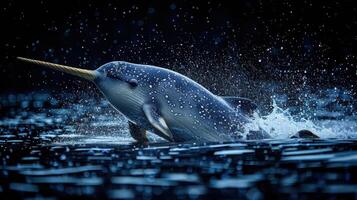 The mammal narwhal is in its aquatic element. Narwhal Inhabits the icy waters of the Arctic, narwhals are elusive photo