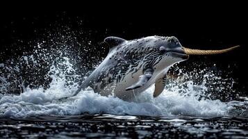 The mammal narwhal is in its aquatic element. Narwhal Inhabits the icy waters of the Arctic, narwhals are elusive photo