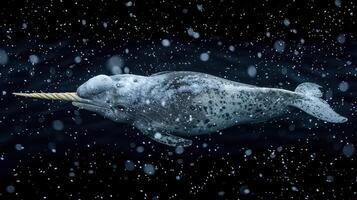 The mammal narwhal is in its aquatic element. Narwhal Inhabits the icy waters of the Arctic, narwhals are elusive photo