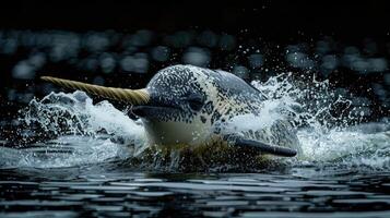 The mammal narwhal is in its aquatic element. Narwhal Inhabits the icy waters of the Arctic, narwhals are elusive photo