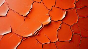 Cracked red paint texture on a surface, close-up view, artistic background. photo