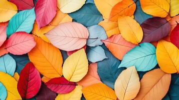 Colorful autumn leaves on a blue background, creating a vibrant natural texture. photo