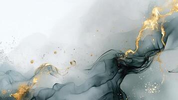 Abstract fluid design with blue hues and gold accents on a light background. photo