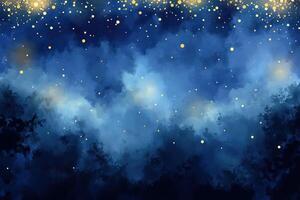 A beautiful night sky filled with stars and vibrant clouds blending in shades of blue and gold. photo